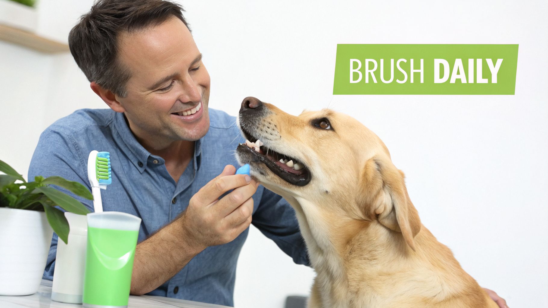 A man smiling and brushing a happy golden retriever's teeth with a finger brush.