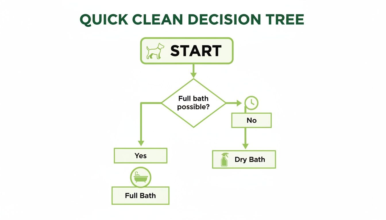 A quick clean decision tree flowchart for pet bathing, guiding between full bath and dry bath options.