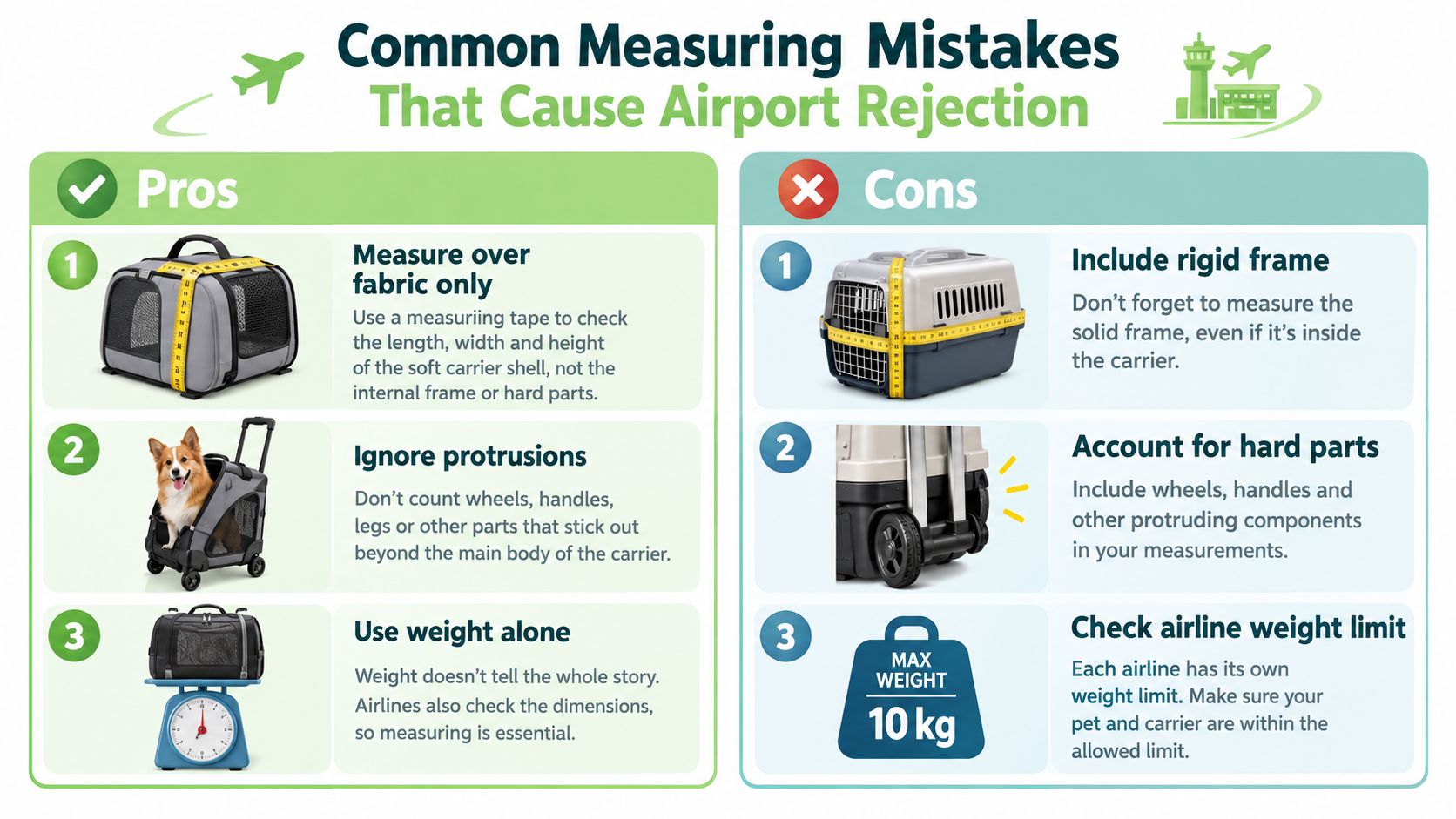 An infographic detailing common measuring mistakes for dog airline carriers to prevent airport travel rejection issues.