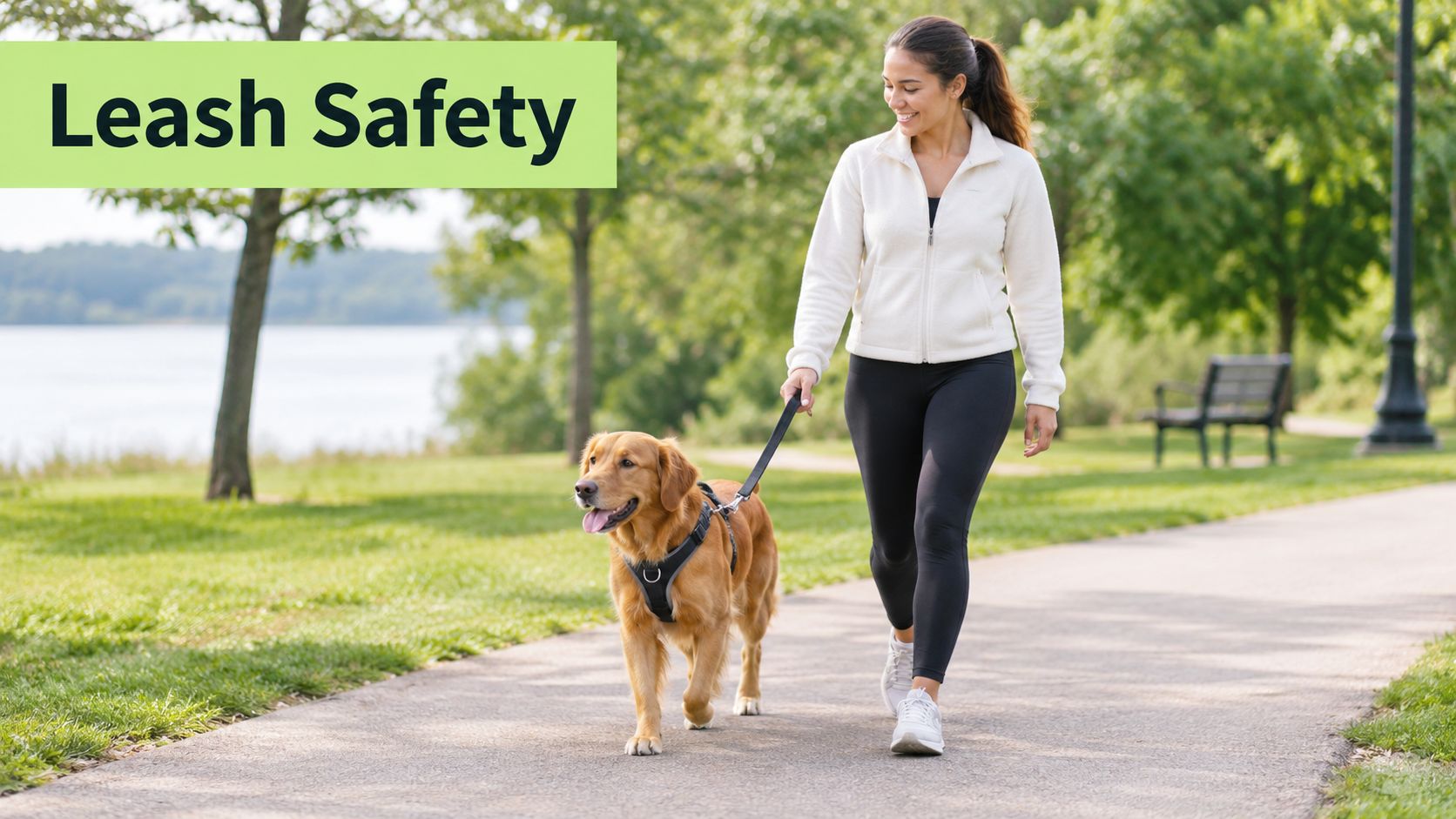 A woman walks her happy golden retriever dog on a paved path in a lush green park.