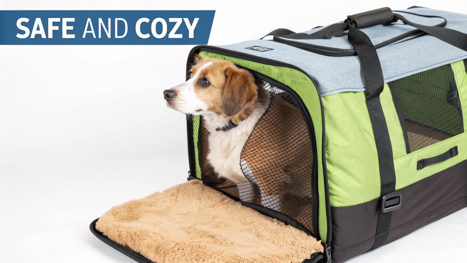 A small brown and white dog sits comfortably inside a soft green and grey travel carrier with a cozy mat.