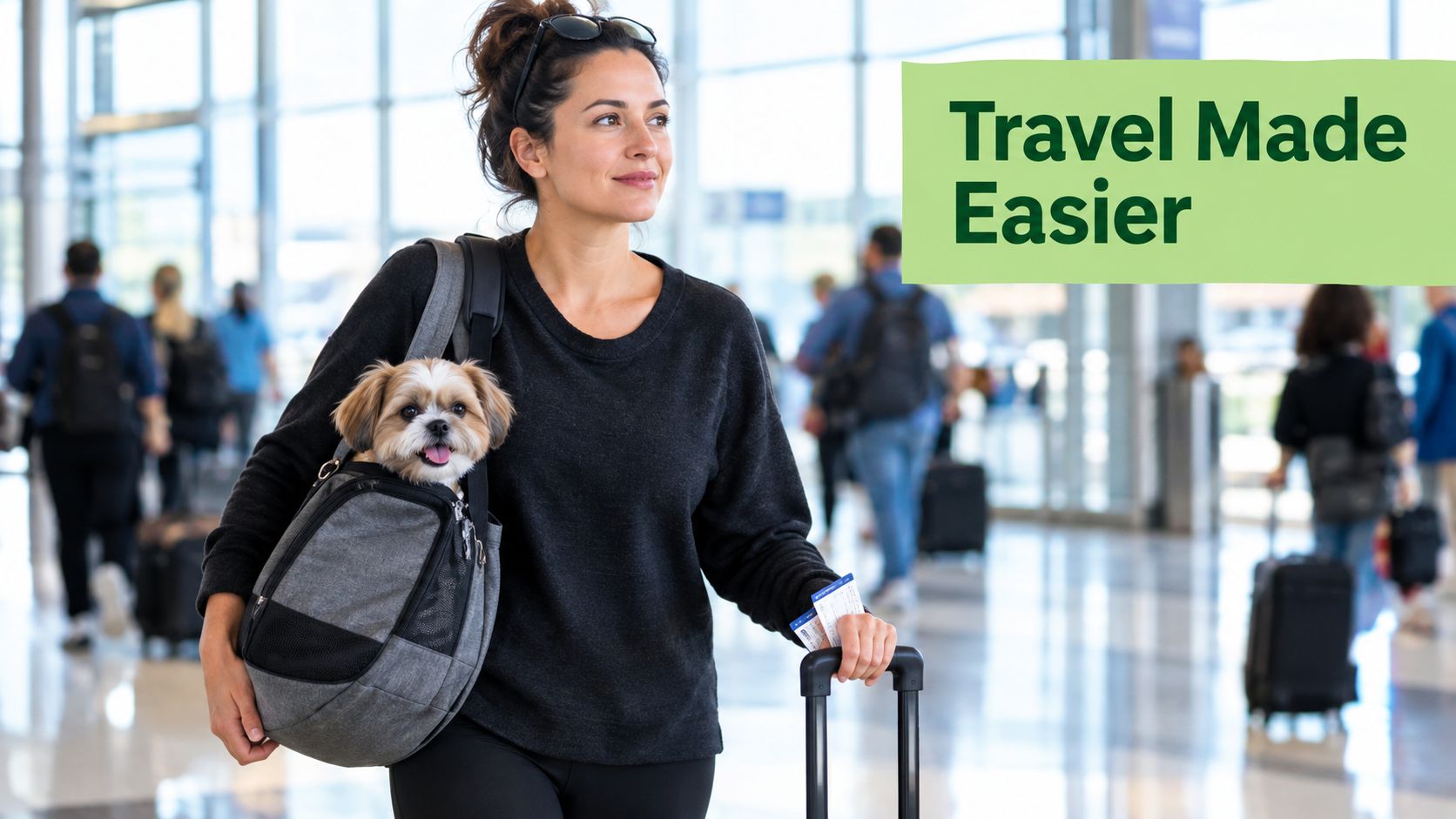 A woman carries a small dog in a pet backpack through a busy airport terminal.