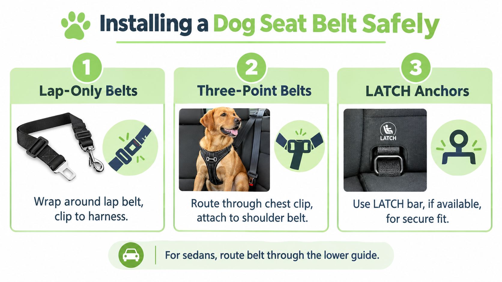 An infographic illustrating three safe methods for installing a dog seat belt in a vehicle.