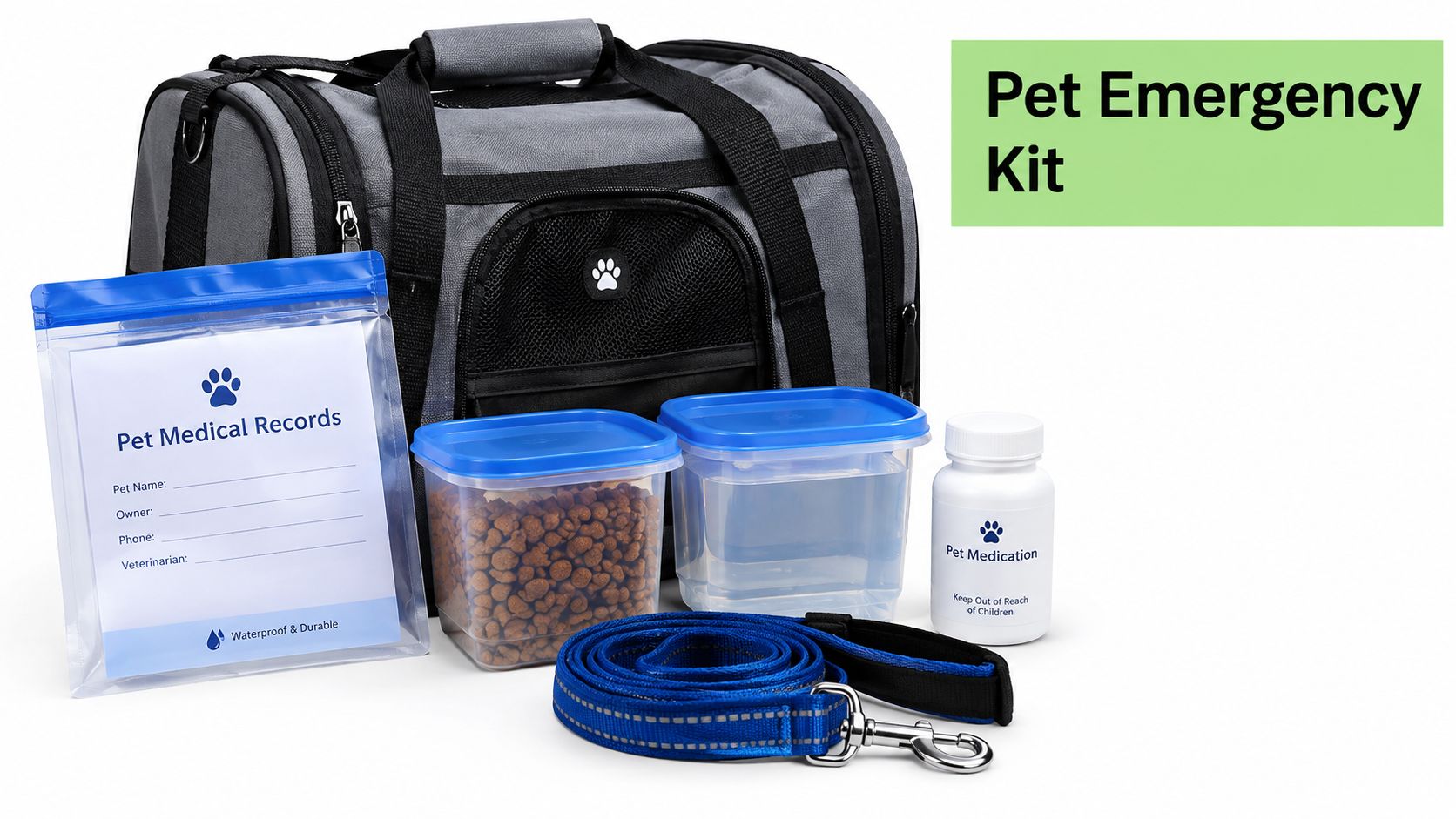 A gray pet carrier with a food container, water, medication, leash, and pet medical records document bag.