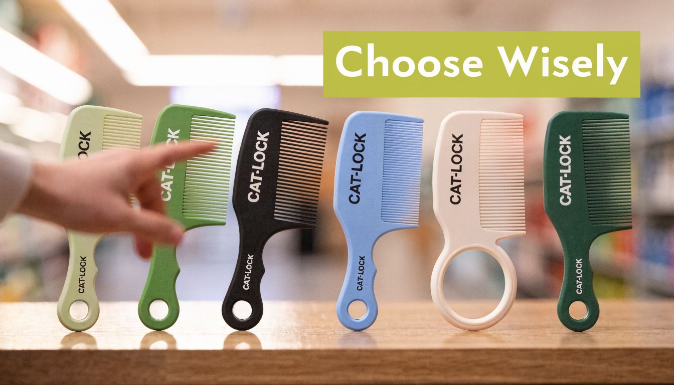 A hand pointing at a selection of colorful CAT-LOCK flea combs lined up on a wooden surface.