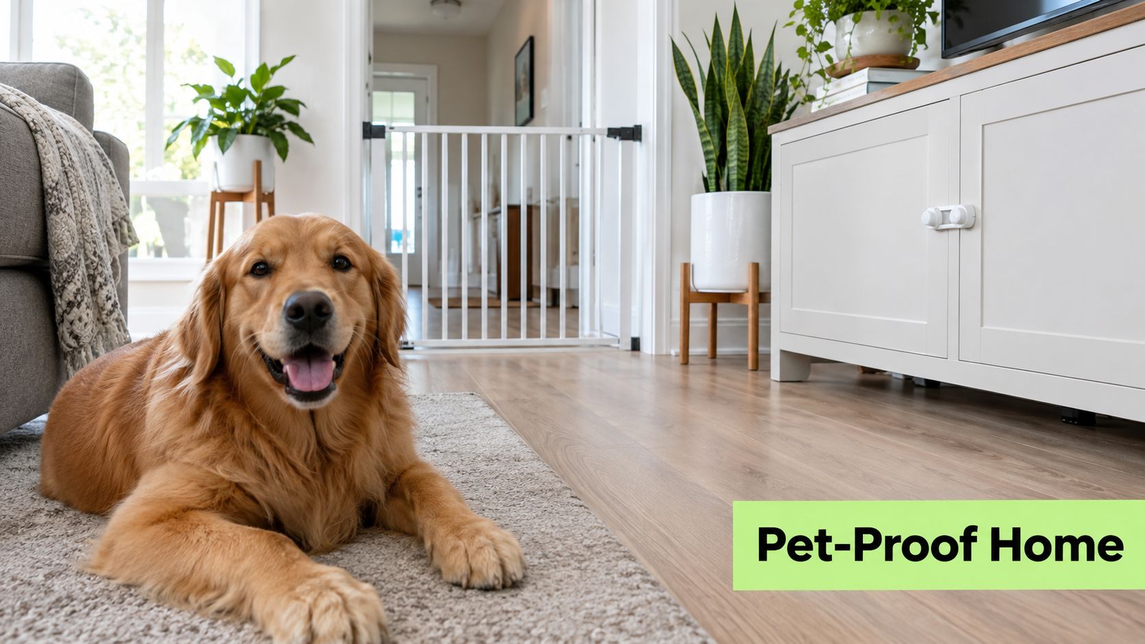 A happy golden retriever resting on a rug in a pet-proofed home with a safety gate.