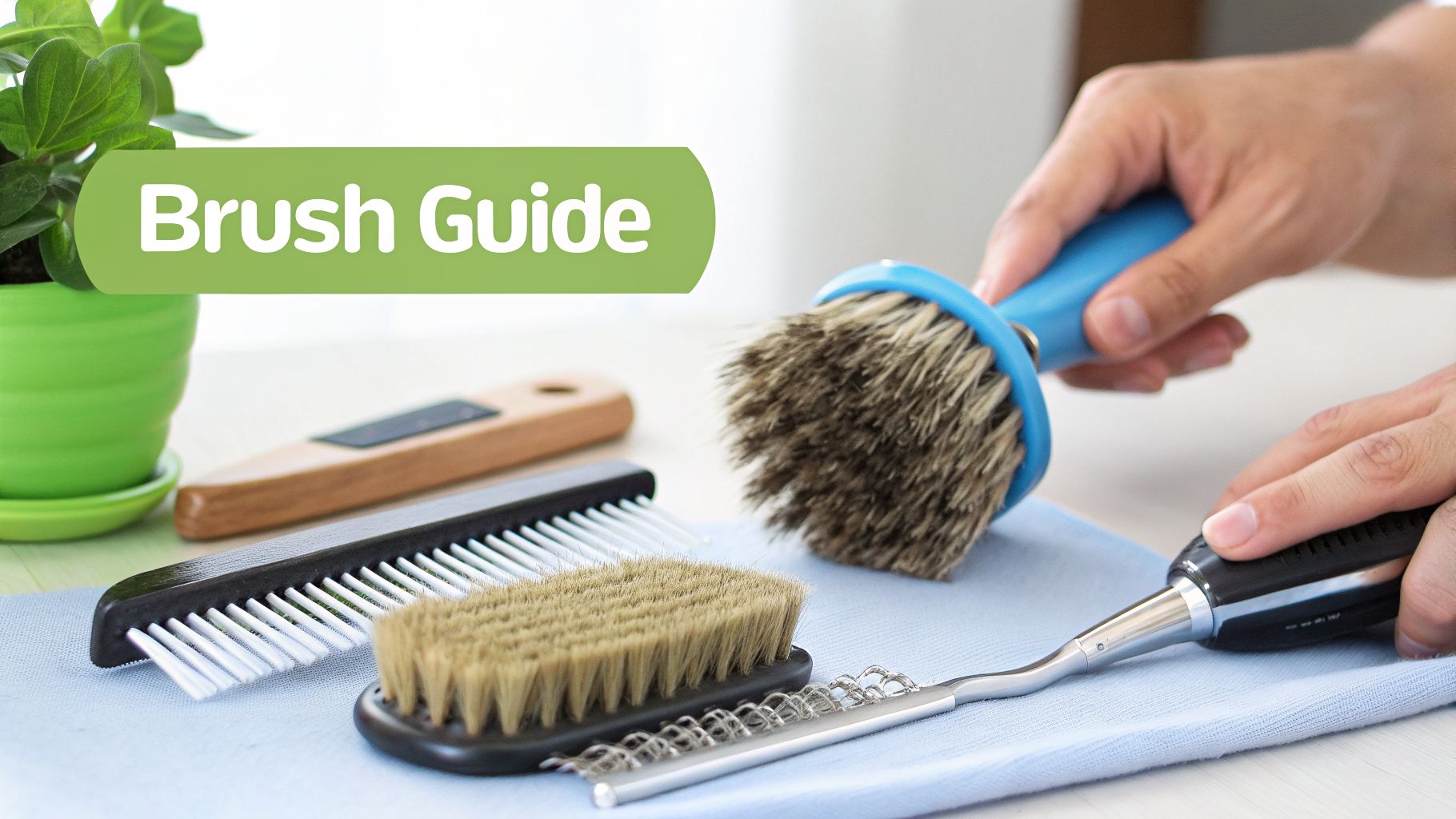 A hand holds a grooming brush alongside various other brushes and combs, with a 'Brush Guide' text.