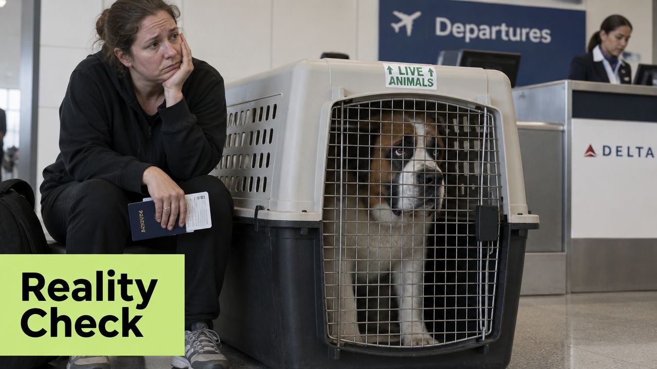A woman sits next to a large dog travel crate at an airport Delta check-in counter.