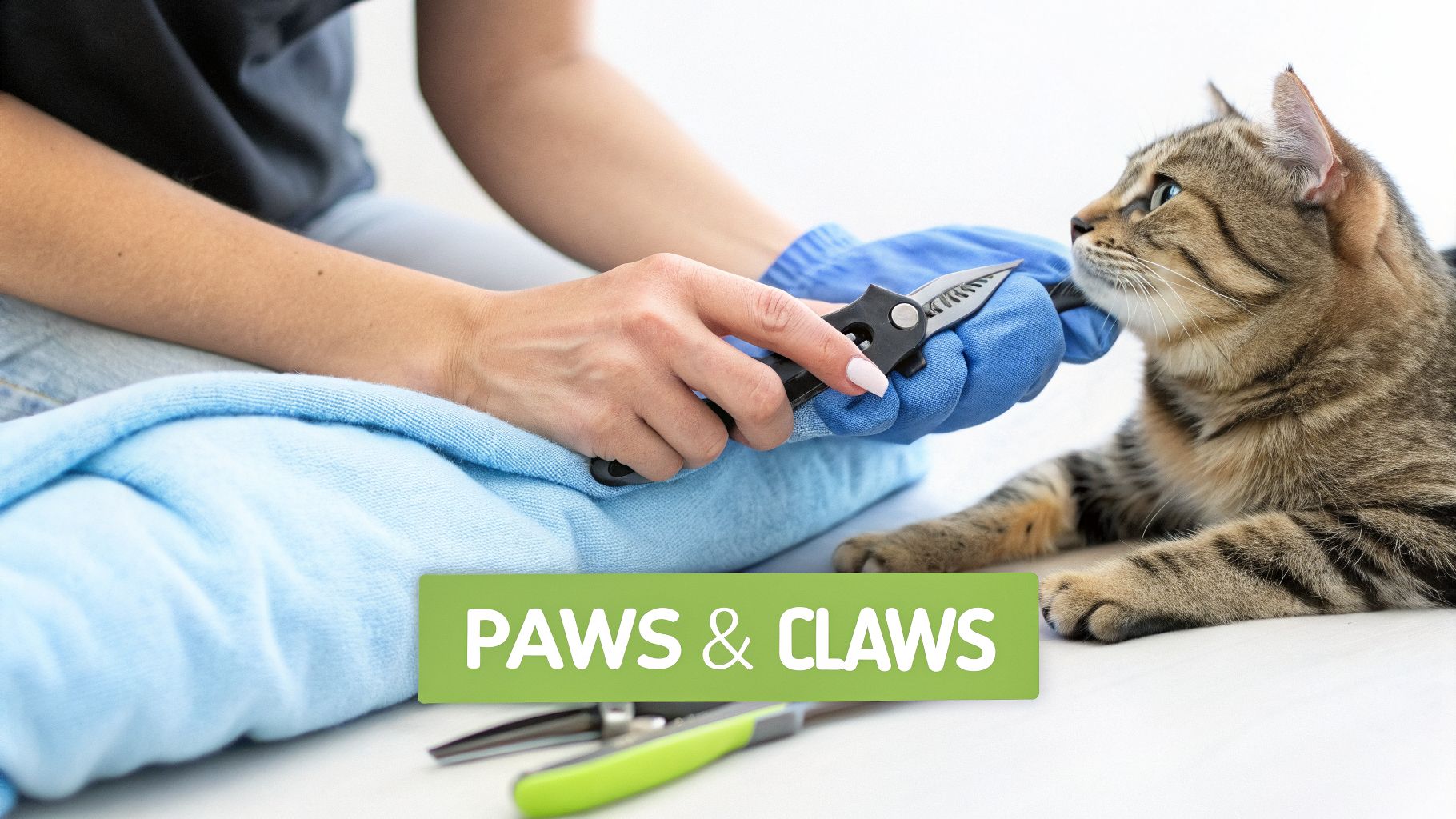 A person in blue gloves is carefully trimming the claws of a tabby cat using a specialized grooming tool.