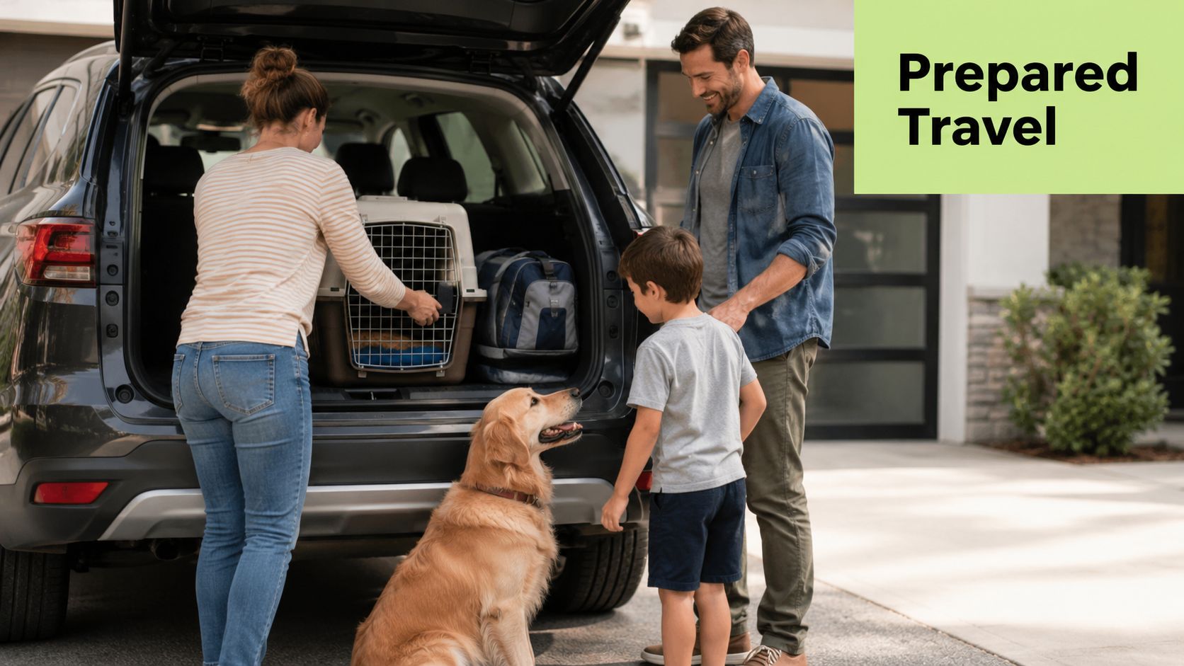 A happy family prepares for a car trip with their golden retriever and a travel pet crate.
