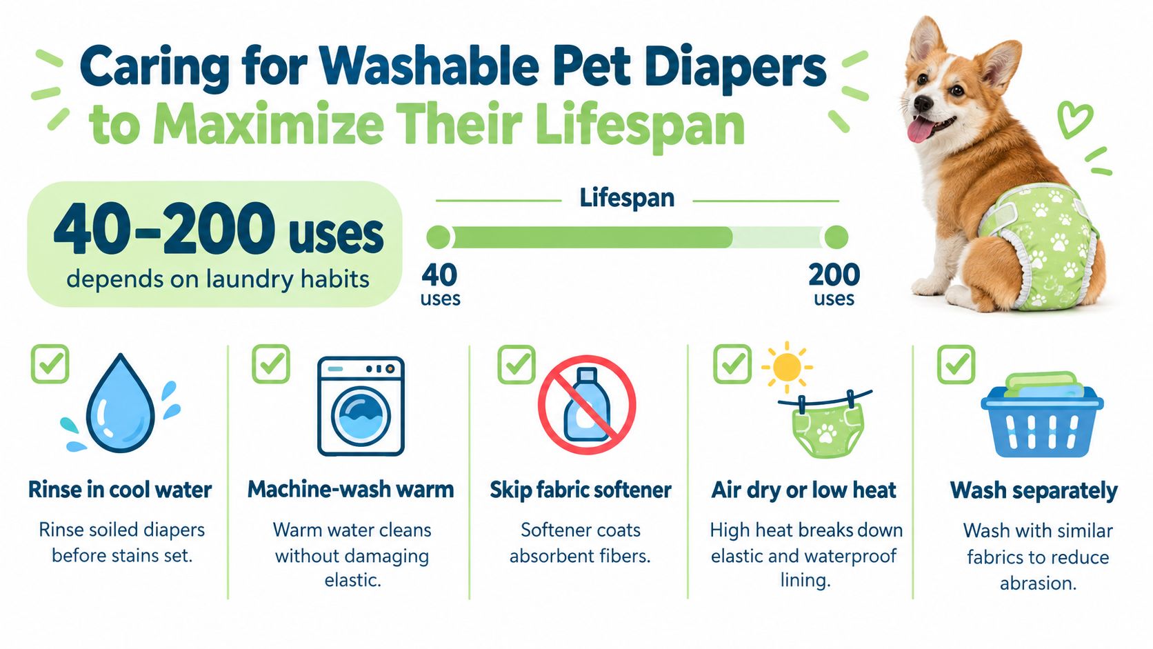 An infographic showing tips for cleaning washable pet diapers to ensure they last for 40 to 200 uses.