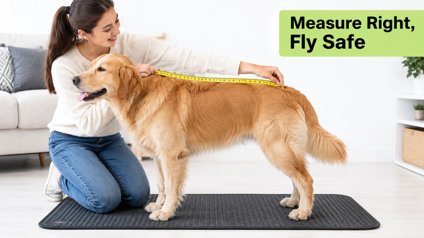 A woman kneeling on the floor measuring the length of a golden retriever dog with a tape measure.