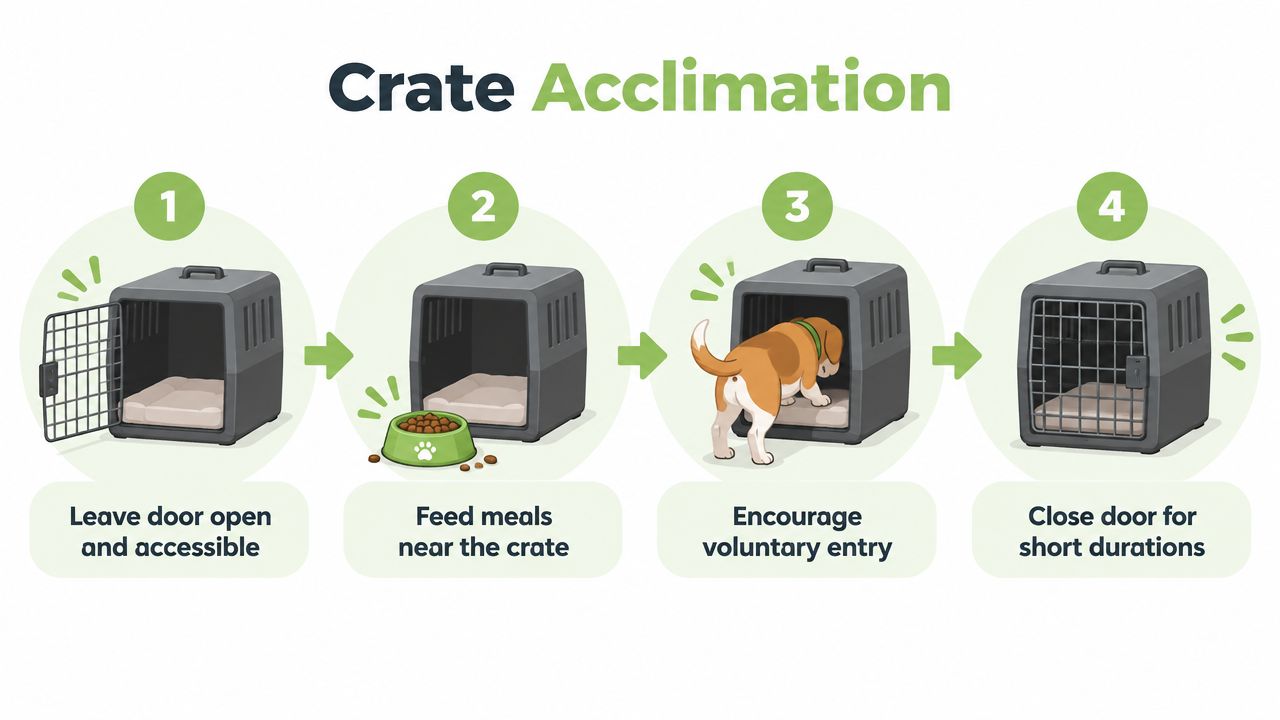 An infographic showing four steps for puppy crate acclimation with icons and a dog entering the crate.