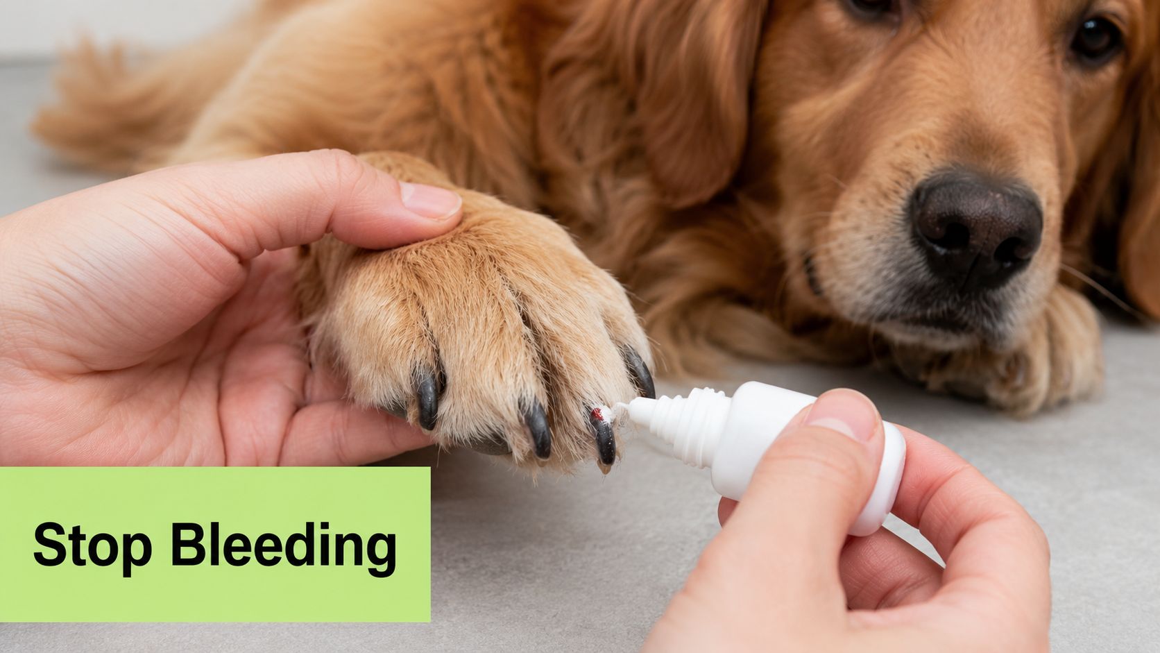 A person applying a styptic solution to stop bleeding on a golden retriever dog's clipped nail.