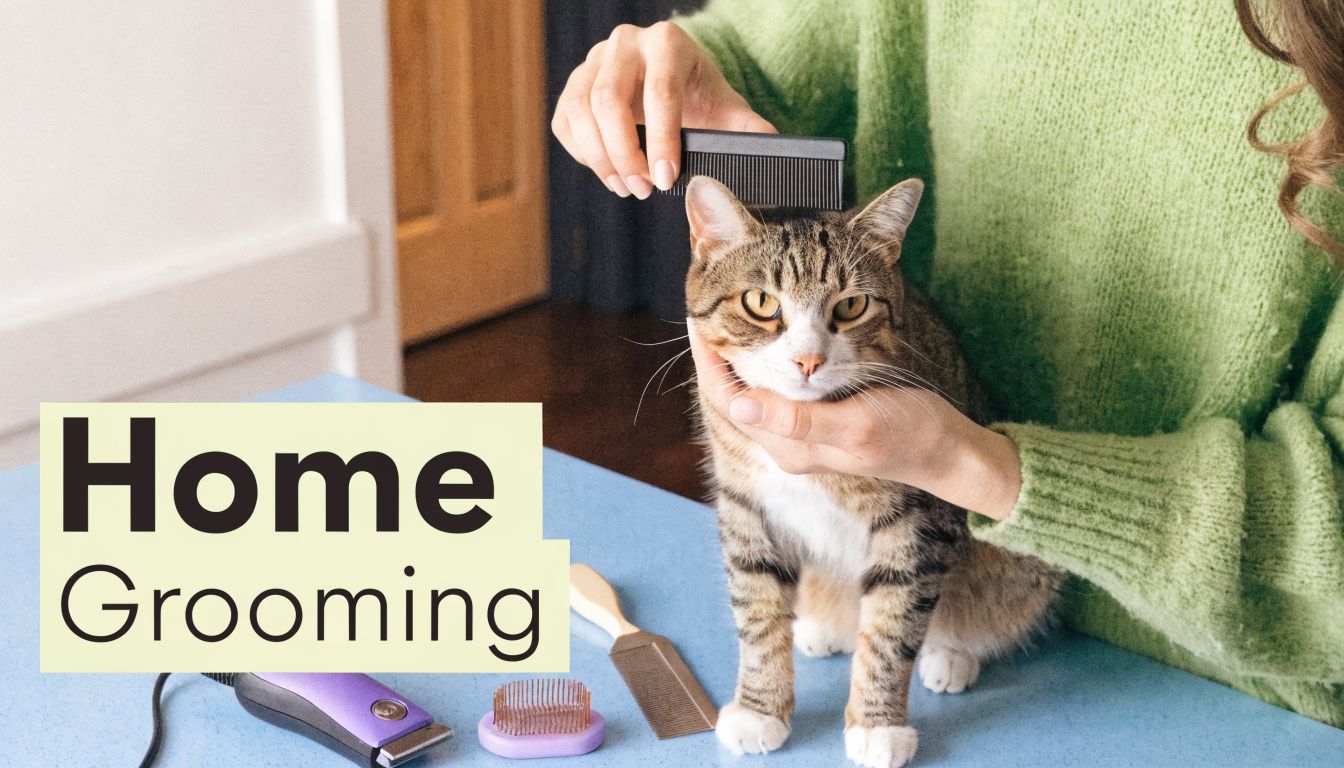 A person in a green sweater grooming a tabby cat with a small black plastic comb.