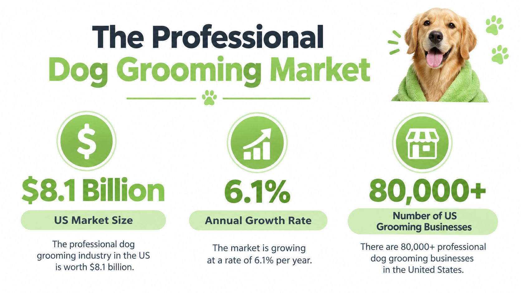 An infographic showing the US professional dog grooming market size, annual growth rate, and number of businesses.