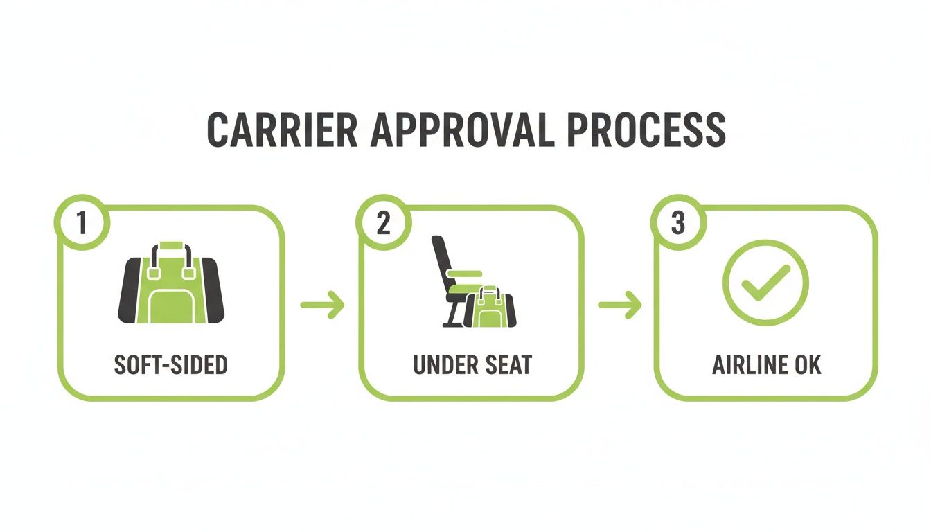 Infographic showing a three-step carrier approval process: soft-sided carrier, fitting under seat, airline approved.