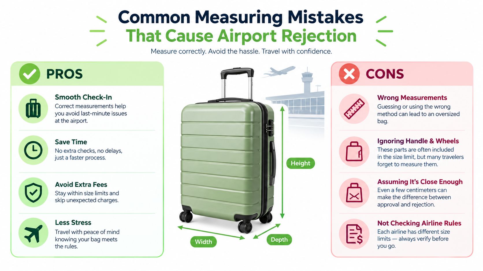 An infographic showing how to correctly measure luggage dimensions to avoid rejection at airport check-in desks.