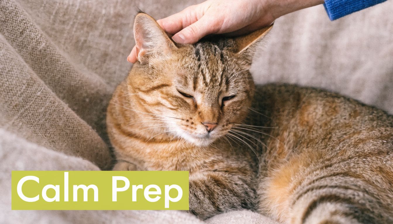 A close-up view of a calm brown tabby cat being gently petted on the head by hand