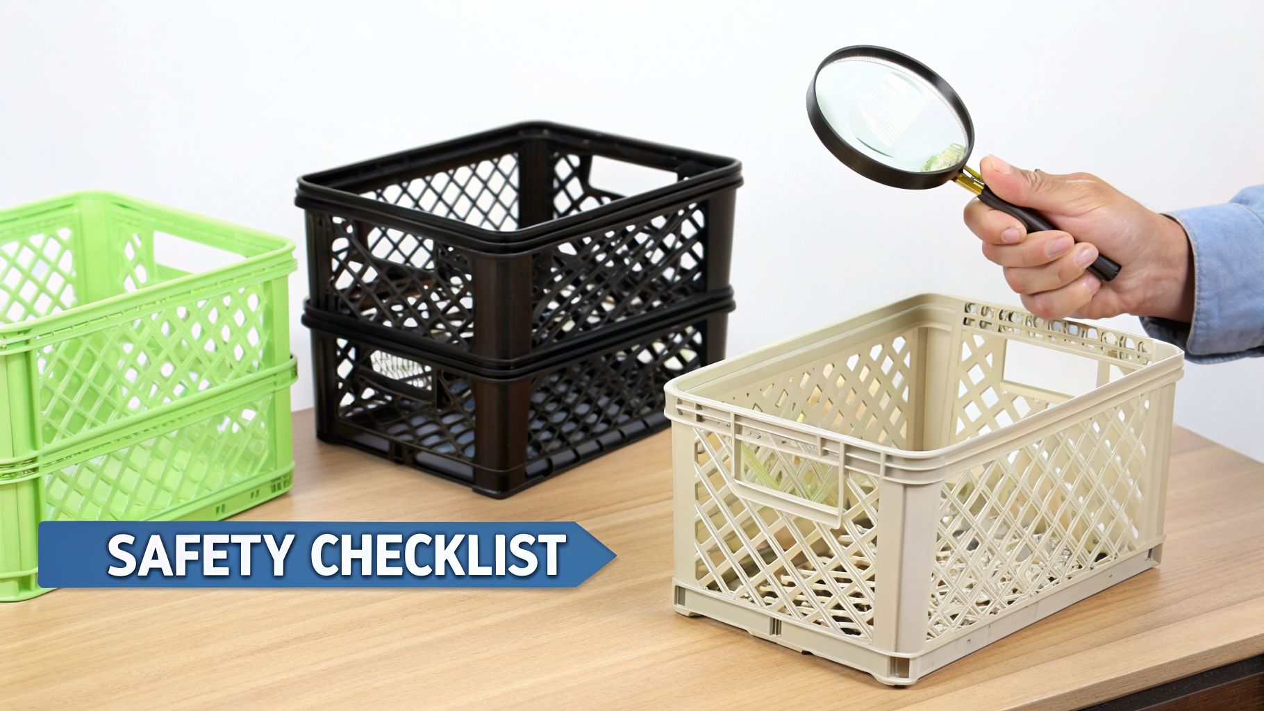 Hand holding magnifying glass over a beige crate, with green and black crates and 'SAFETY CHECKLIST' text.