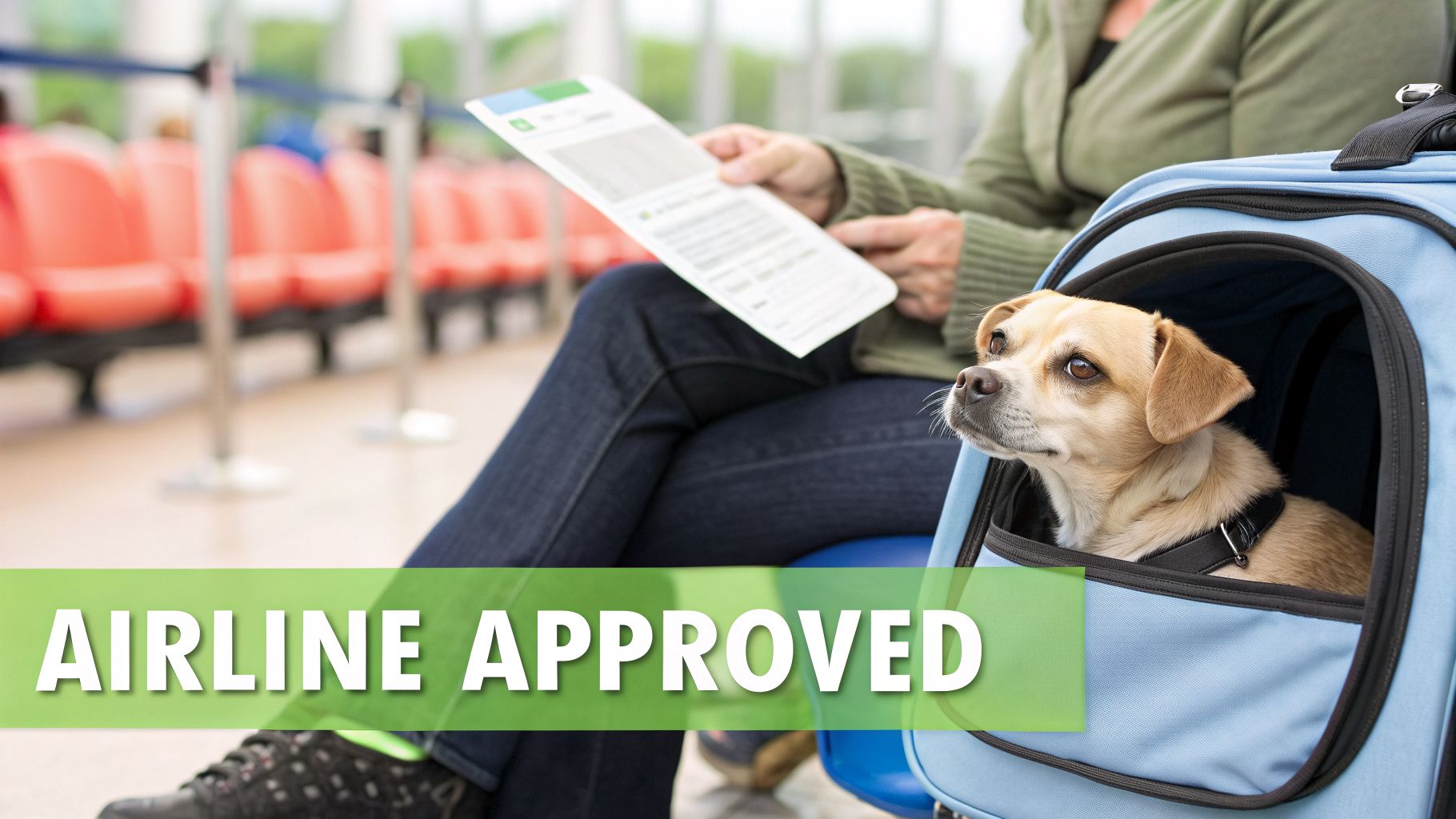 A person with a small dog in a blue airline-approved pet carrier waits at an airport.