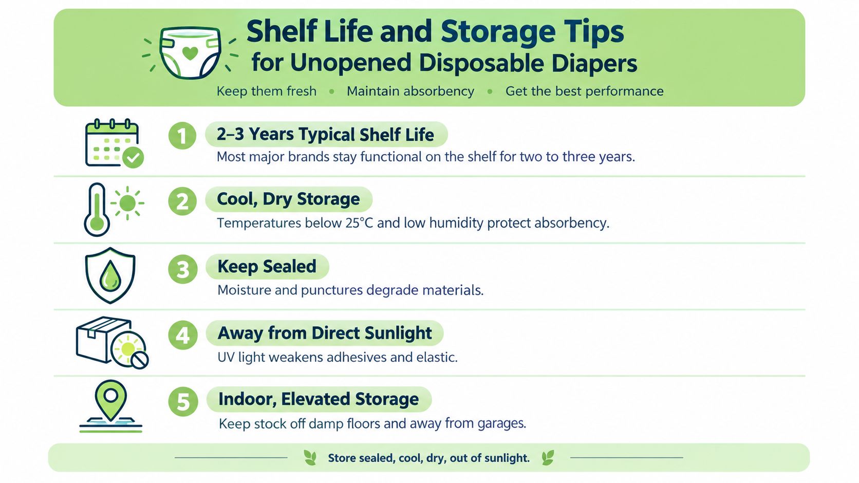 An infographic titled Shelf Life and Storage Tips for Unopened Disposable Diapers with five clear storage recommendations.