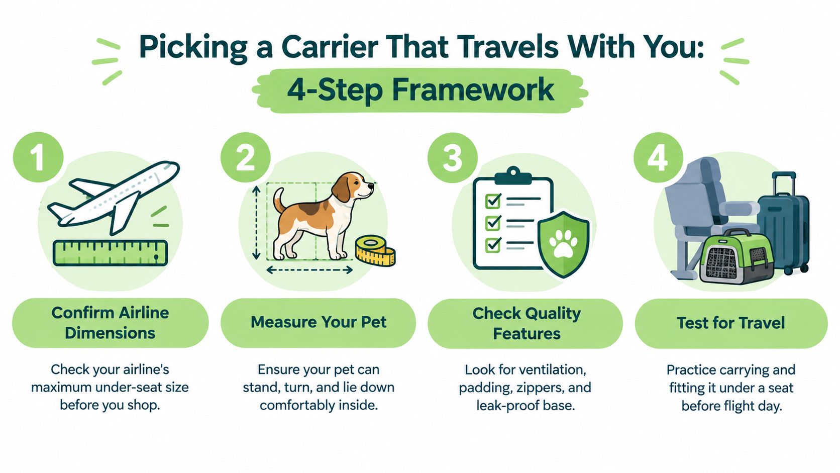 A four-step infographic illustrating how to choose the right in-cabin pet carrier for airline travel.