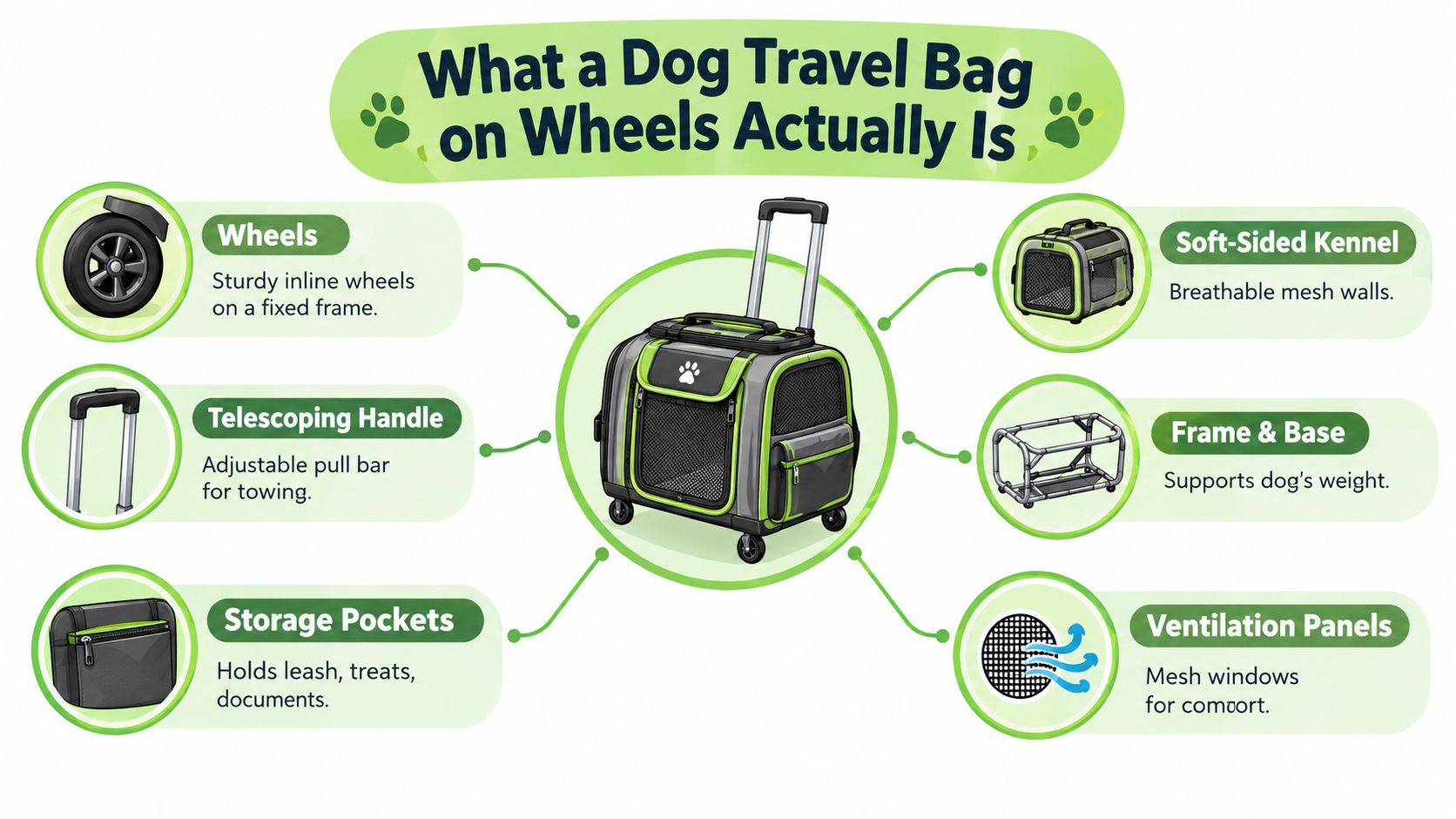 An infographic detailing the features of a dog travel bag on wheels, including storage, handle, and ventilation.