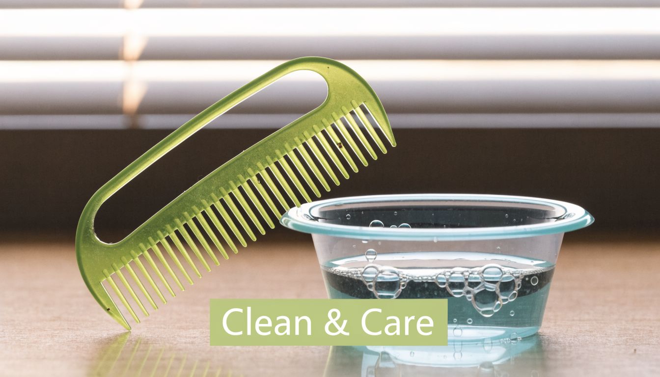 A green flea comb resting next to a small bowl of soapy water for pet care.
