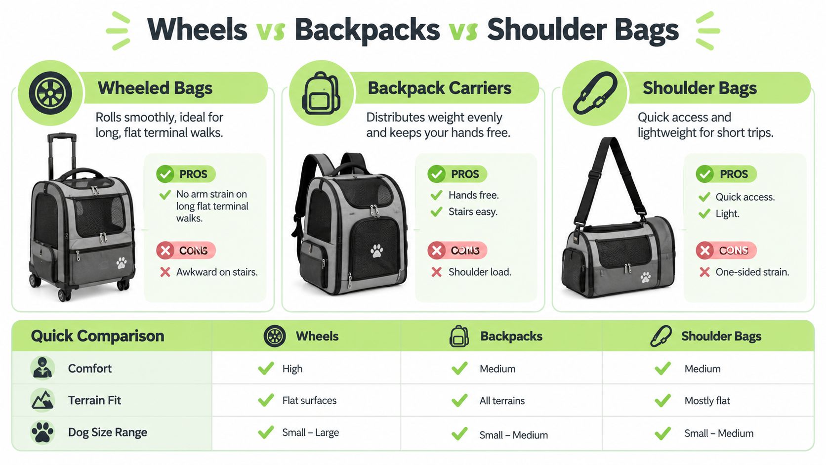 A comparison chart showing the pros and cons of using wheeled bags, backpacks, and shoulder bags for traveling with dogs.