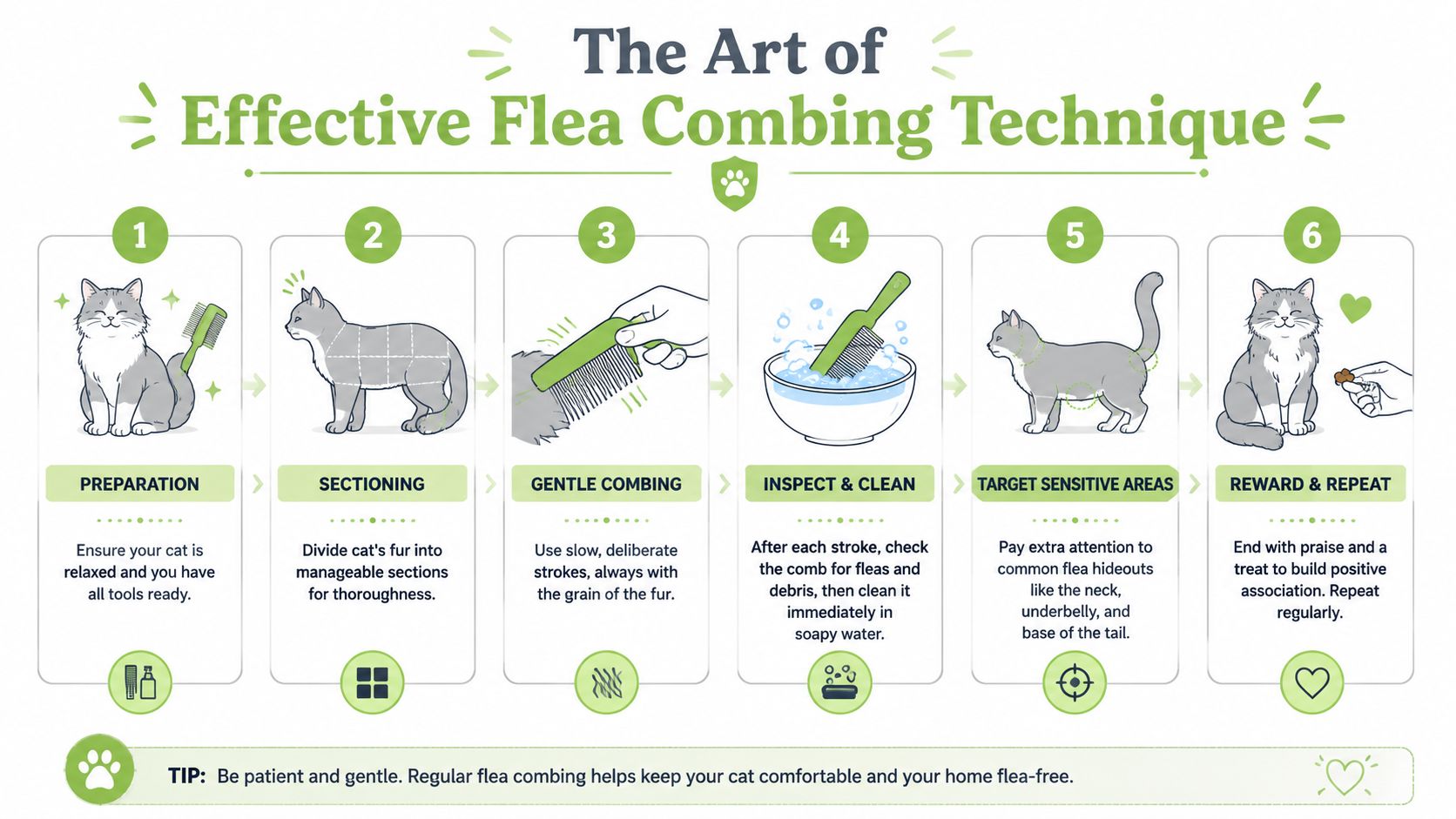 A six-step infographic showing how to effectively use a flea comb on your cat at home.