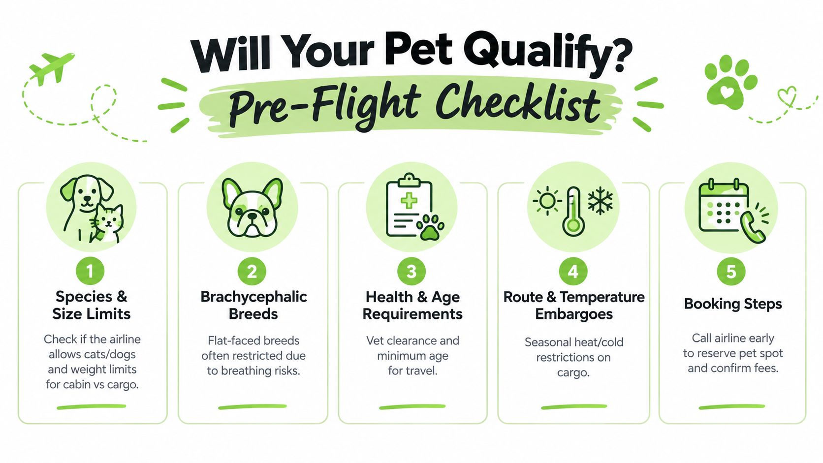 A five-step pre-flight checklist for pet owners to ensure their animals meet airline travel requirements.