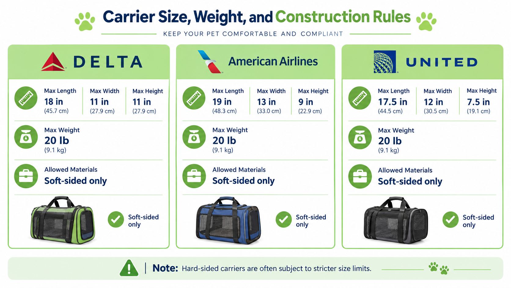 A comparison chart showing size, weight, and material restrictions for pet carriers on Delta, American, and United Airlines.