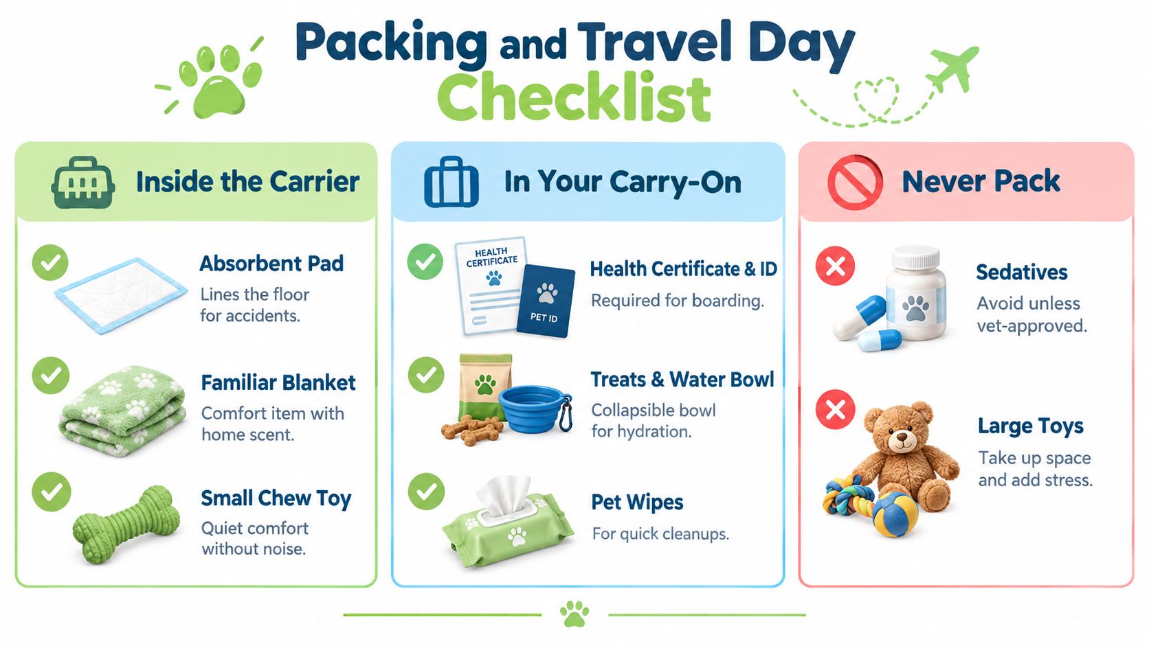 A helpful infographic titled Packing and Travel Day Checklist for pets, categorized by carrier, carry-on, and prohibited items.