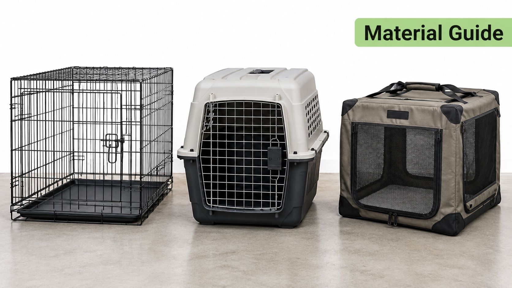 Three different types of dog crates including wire, plastic, and soft-sided mesh designs standing on a floor.