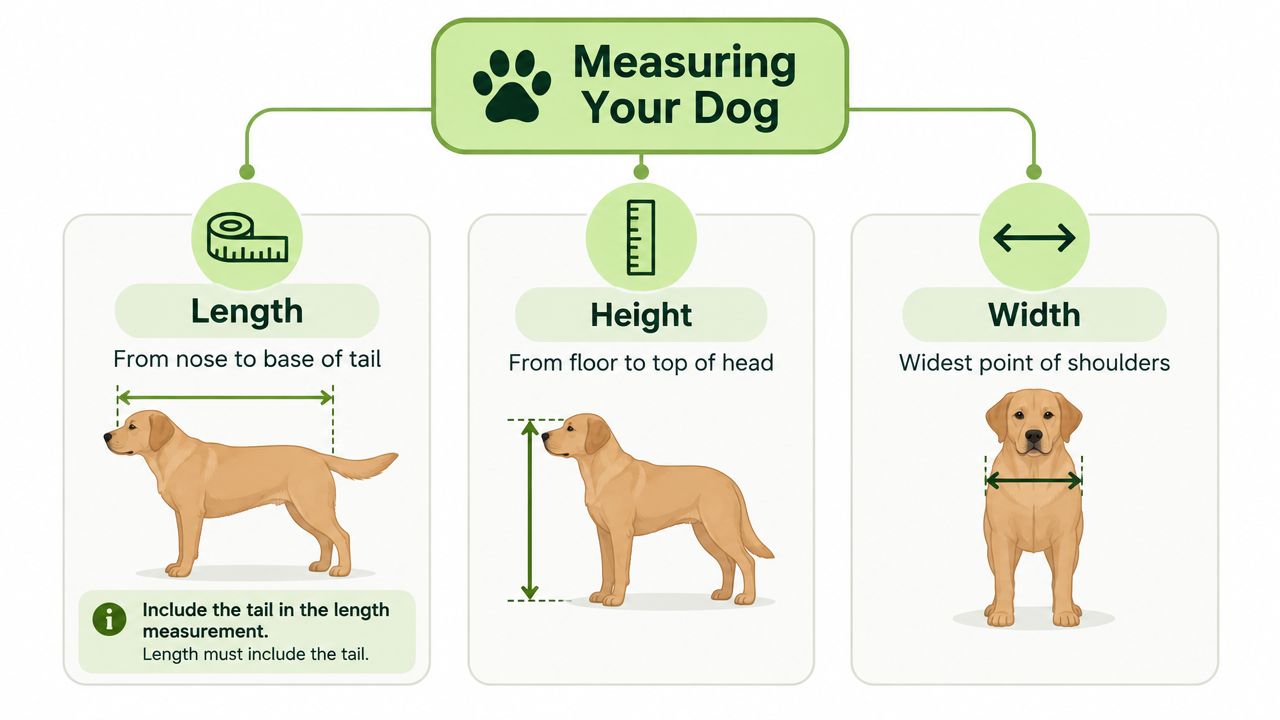 An infographic showing how to measure a dog's length, height, and width for travel crate sizing.