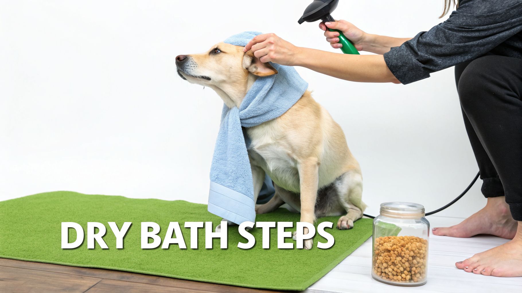 A person dries a golden retriever dog with a blue towel and a pet dryer on a green mat.