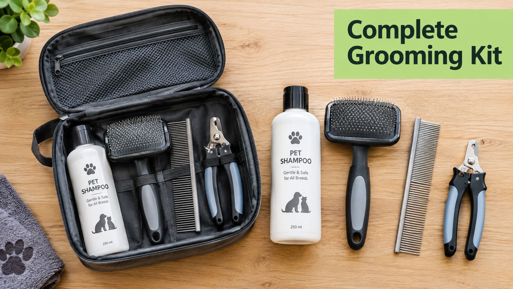 A complete pet grooming kit featuring shampoo, a slicker brush, a metal comb, and nail clippers.