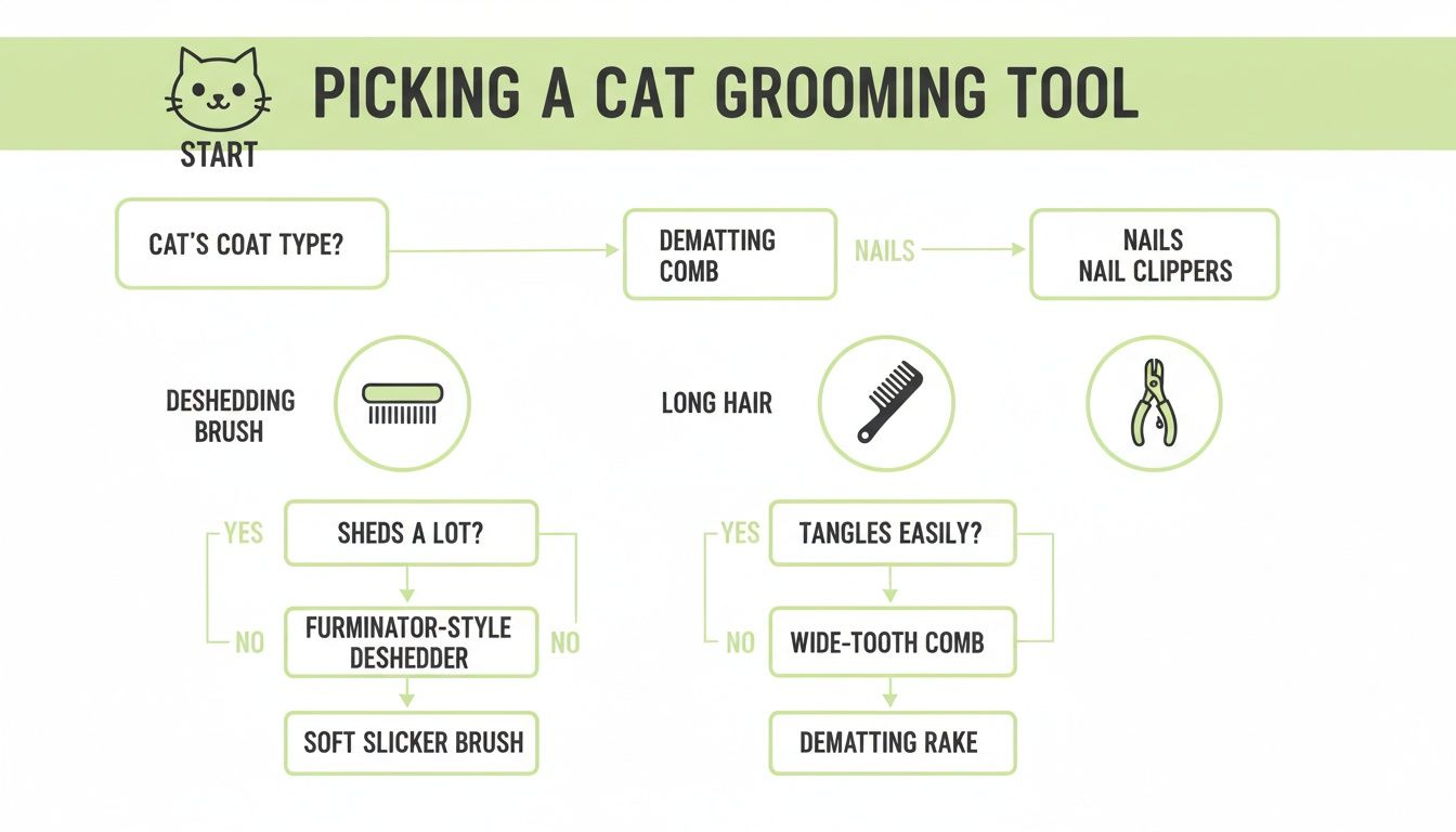 Flowchart guiding cat owners to pick the best grooming tool based on coat type, shedding, and tangles.