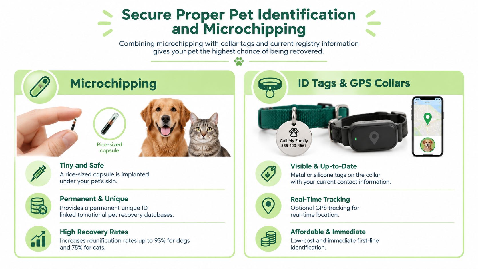 An infographic detailing pet safety, explaining the benefits of microchipping and using ID tags or GPS collars.