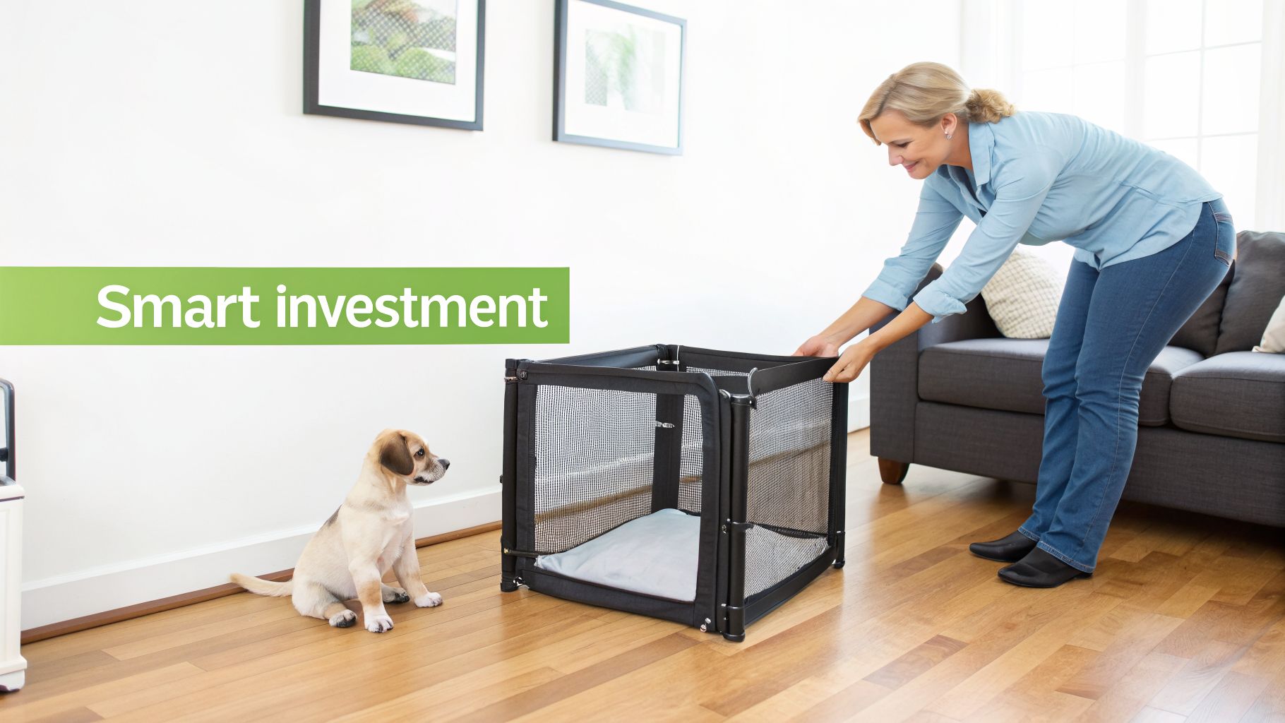 A smiling woman sets up a black mesh adjustable dog crate as a curious puppy watches her in a living room.
