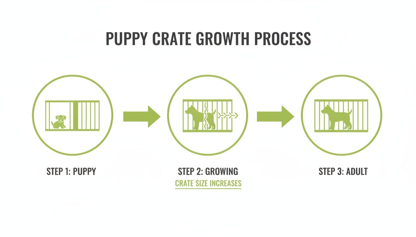 Infographic showing a puppy growing into an adult dog, with its crate size increasing through three steps.