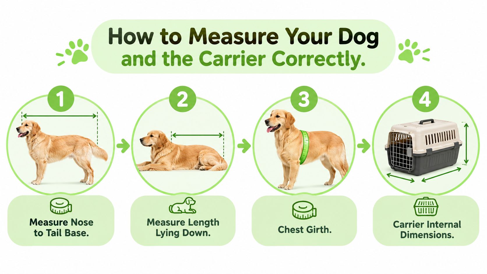 An infographic showing four steps to measure your dog and carrier for safe and comfortable travel.