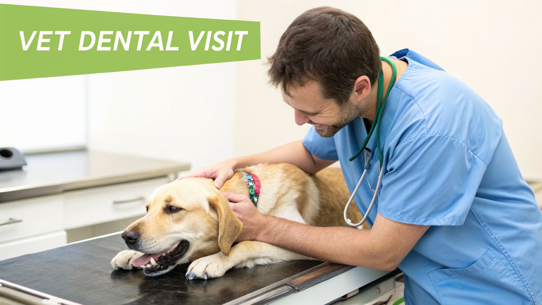 A smiling veterinarian gently pets a happy golden retriever on an examination table during a dental visit.