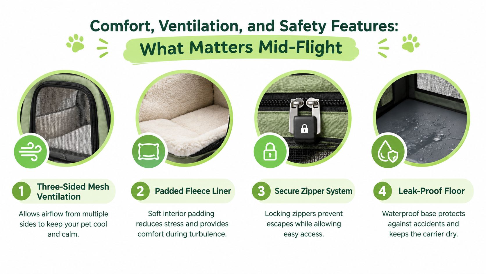 A product infographic showcasing the four key comfort, ventilation, and safety features of an in-cabin pet carrier.