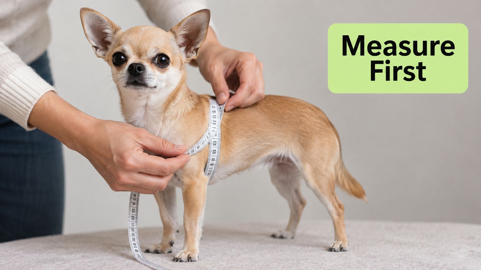 A person measuring the chest of a small tan chihuahua with a white measuring tape for fitting.