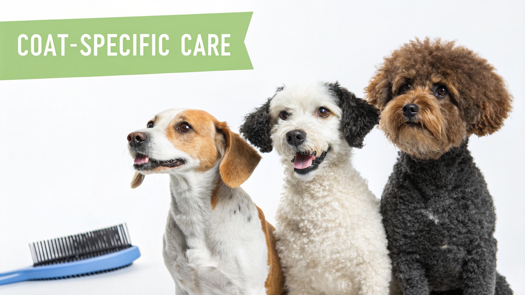 Three dogs with varying coat types and a grooming brush, illustrating coat-specific pet care.