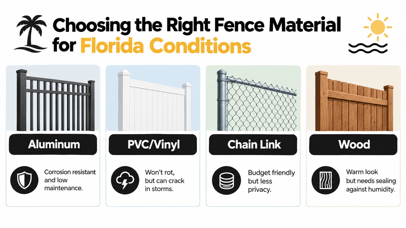 A comparison chart of four common fence materials suitable for Florida conditions, including aluminum, vinyl, chain link, and wood.
