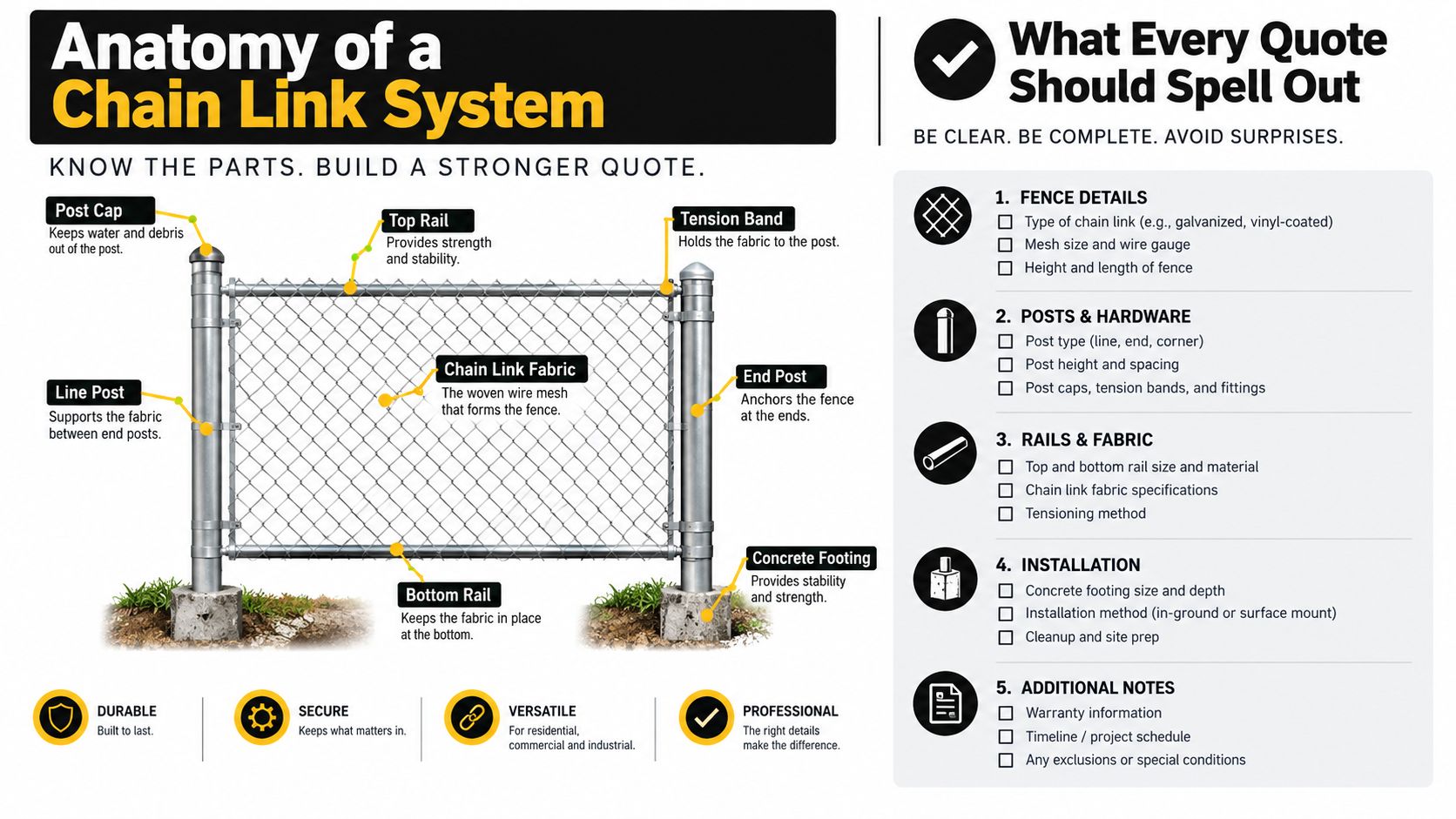 An educational infographic showing the labeled components and construction parts of a residential chain link fence system.