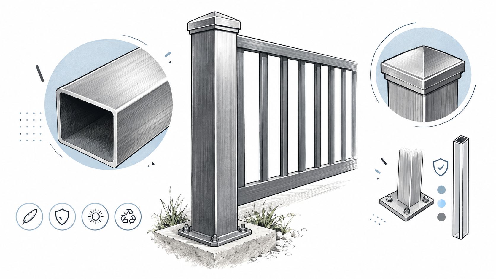 A detailed illustration of an aluminum fence post with structural details, mounting base, and various design features.